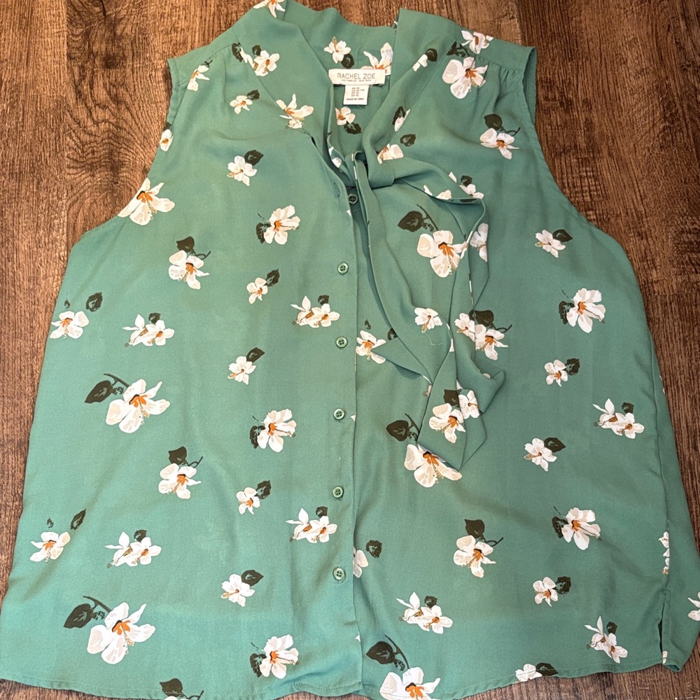 Rachel Zoe Green Floral Sleeveless Tie-Neck Blouse